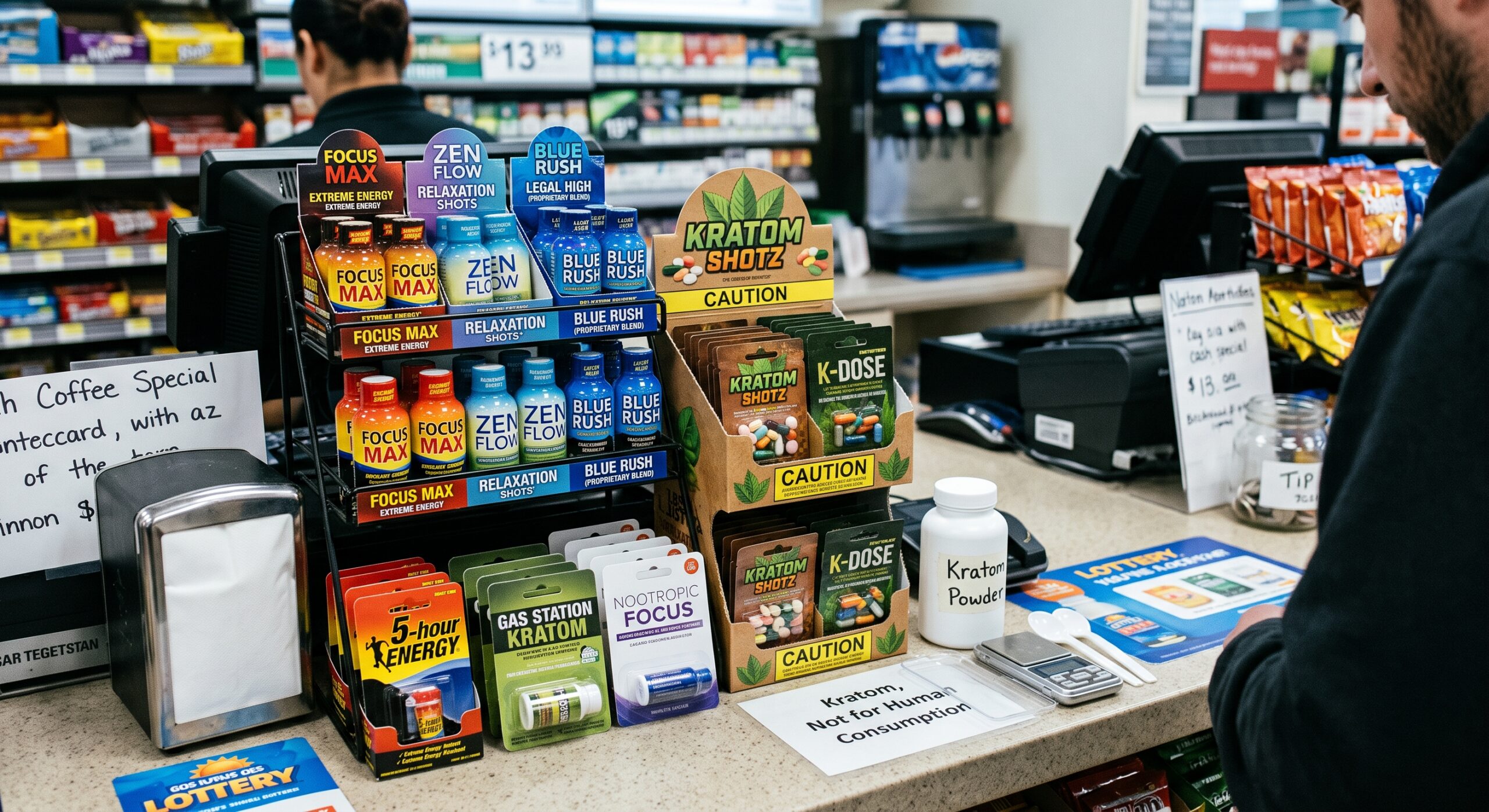 Gas station convenience store illustrating the retail availability of psychoactive gas station drugs